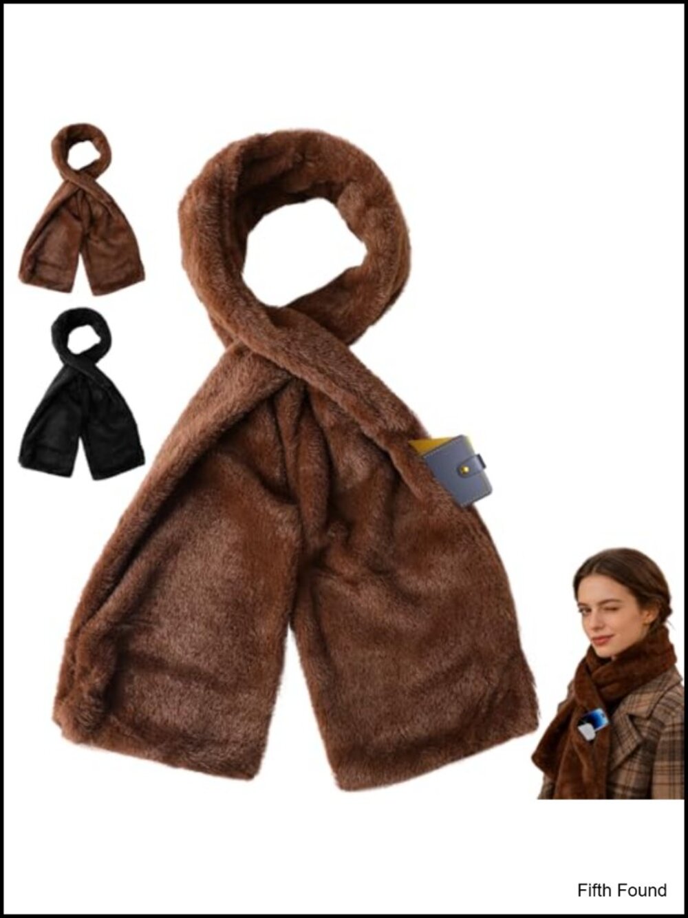 Faux Fur Pull Through Scarf Hidden Zipper Pocket Cozy Winter Wrap